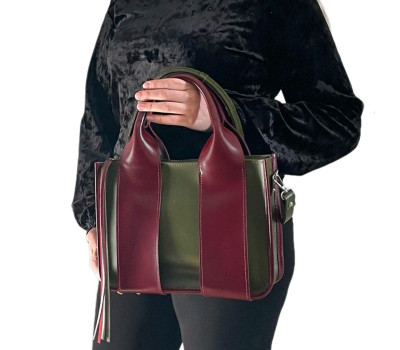 Сумка жіноча "Фіона S" натуральна шкіра, хакі/бургунді глянцева