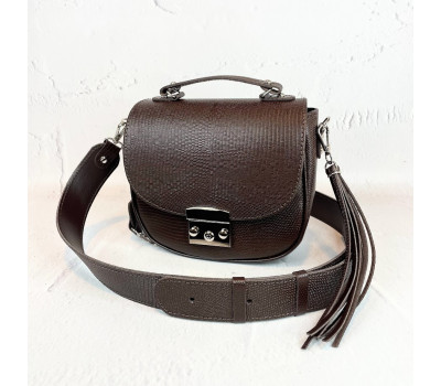 Сумка жіноча "Ріміні" на замку, натуральна шкіра, коричнева (шоколад) матова під рептилію