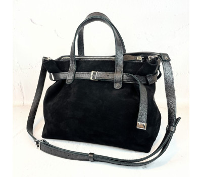 Сумка жіноча "Хлоя" натуральна шкіра, чорний флотар/замша