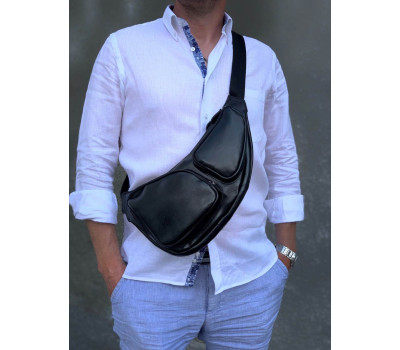 Сумка-бананка чоловіча "Вікінг" натуральна  шкіра, чорний матова