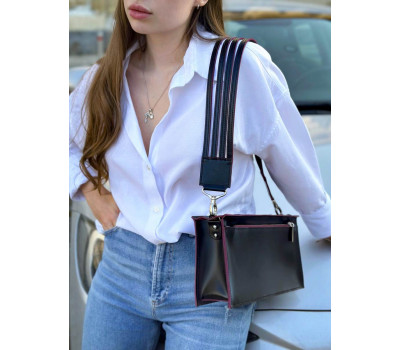 Сумка женская "Паола" натуральна шкра, з дизайнерським ременем, чорний/бургунді