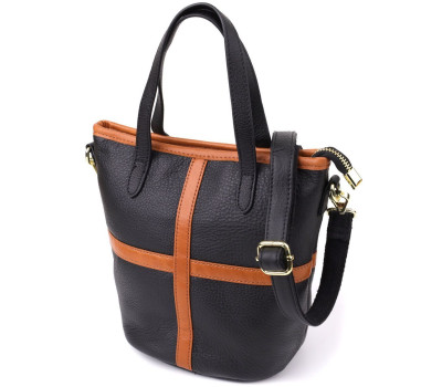 Жіноча шкіряна сумка з коричневою вставкою на лицьовій стороні Vintage 22997 Чорний