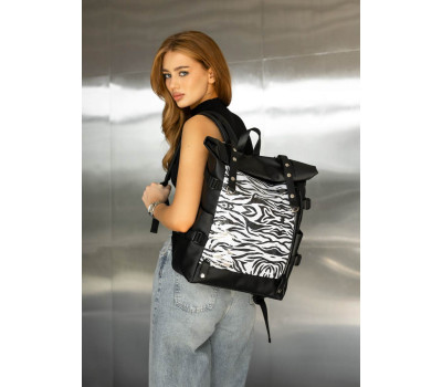 Жіночий рюкзак Sambag RollTop Hacking чорний принт "Zebra"