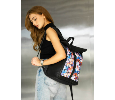 Жіночий рюкзак Sambag Roll Top One чорний принт "Flowers"