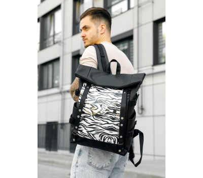 Рюкзак чоловічий Sambag RollTop Hacking чорний принт "Zebra"