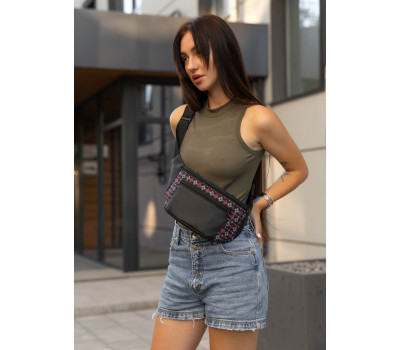 Велика жіноча сумка на пояс бананка Sambag Tirso Max чорна принт