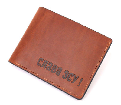 Місткий чоловічий шкіряний гаманець у дві будови Слава ЗСУ GRANDE PELLE 16737 Світло-коричневий