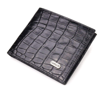 Оригінальний гаманець для чоловіків у два складення з натуральної фактурної шкіри з тисненням під крокодила CANPELLINI 21582 Чорний