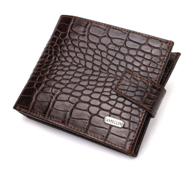 Місткий чоловічий гаманець з натуральної фактурної шкіри з тисненням під крокодила CANPELLINI 21788 Коричневий