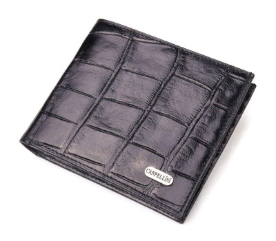Якісний гаманець для чоловіків у два складення з натуральної фактурної шкіри з тисненням під крокодила CANPELLINI 21584 Чорний