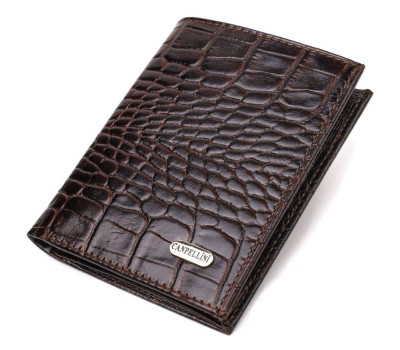 Компактний чоловічий гаманець із натуральної шкіри з тисненням під крокодила CANPELLINI 21871 Коричневий