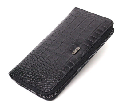Місткий жіночий гаманець з натуральної шкіри з тисненням під крокодила BOND 21980 Чорний