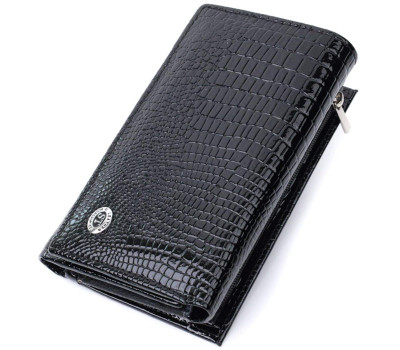 Жіночий гаманець у три складання з лакованої фактурної натуральної шкіри ST Leather 22707 Чорний