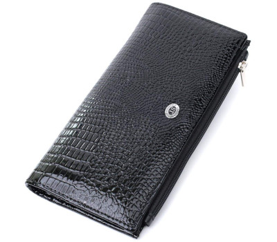 Лакований тонкий гаманець з фактурою під рептилію з натуральної шкіри ST Leather 22716 Чорний