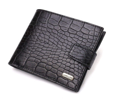 Зручний чоловічий гаманець із натуральної фактурної шкіри з тисненням під крокодила CANPELLINI 21790 Чорний