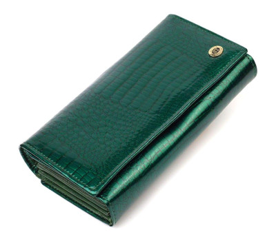 Лакований жіночий гаманець із блоком для візиток з натуральної шкіри ST Leather 19424 Зелений