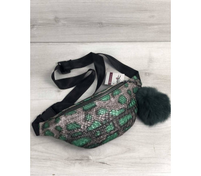 Жіноча сумка Бананка з пушком срібна з зеленим змія (нікель) WeLassie