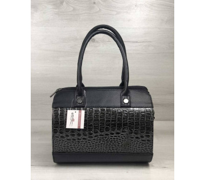 Жіноча сумка Маленький Саквояж чорного кольору зі вставкою сірий лаковий крокодил WeLassie