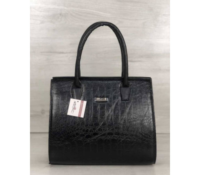 Женская сумка Бочонок черного цвета со вставкой черный крокодил WeLassie