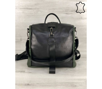 Шкіряна сумка-рюкзак Angelo чорного з оливковою кольору WeLassie