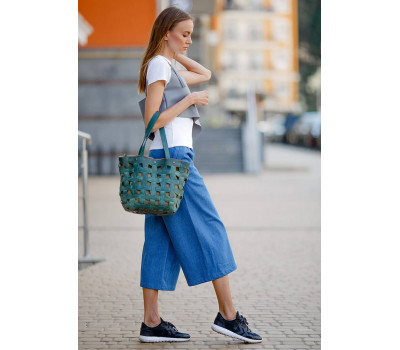 Шкіряна плетена жіноча сумка Пазл L зелена Crazy Horse - BN-BAG-33-iz BlankNote