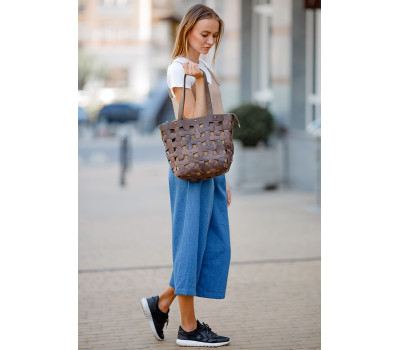 Шкіряна плетена жіноча сумка Пазл L темно-коричнева Crazy Horse - BN-BAG-33-o BlankNote