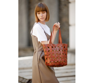 Шкіряна плетена жіноча сумка Пазл L світло-коричнева Krast - BN-BAG-33-k BlankNote