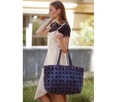 Шкіряна плетена жіноча сумка Пазл Xl синя Crazy Horse - BN-BAG-34-nn BlankNote