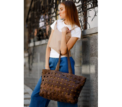 Шкіряна плетена жіноча сумка Пазл Xl темно-коричнева Crazy Horse - BN-BAG-34-o BlankNote