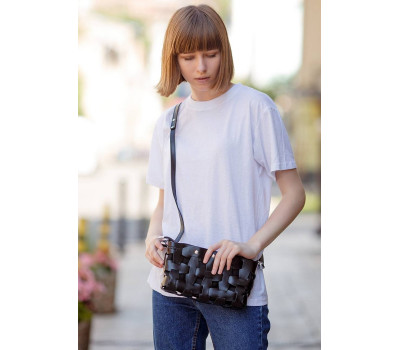 Кожаная плетеная женская сумка Пазл S  угольно-черная - BN-BAG-31-ygol BlankNote