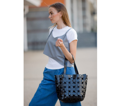 Шкіряна плетена жіноча сумка Пазл L вугільно-чорна - BN-BAG-33-ygol BlankNote