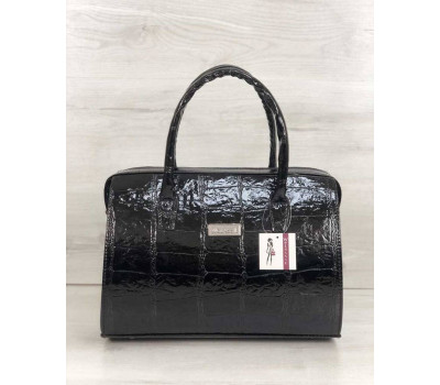 Каркасна жіноча сумка Саквояж чорний лаковий (нікель) WeLassie