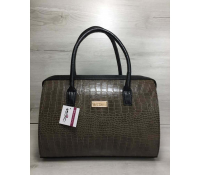 Каркасна жіноча сумка Саквояж кавовий крокодил з чорними ручками WeLassie
