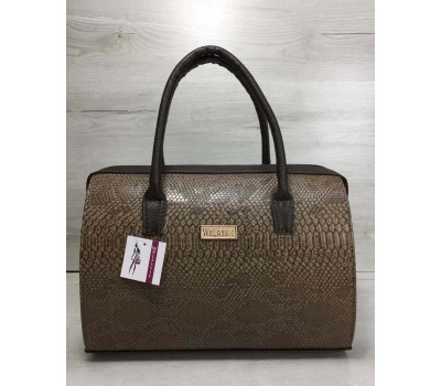 Каркасна жіноча сумка Саквояж коричнева рептилія з коричневими ручками WeLassie