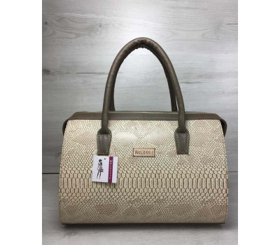 Каркасна жіноча сумка Саквояж бежева рептилія з кавовими ручками WeLassie