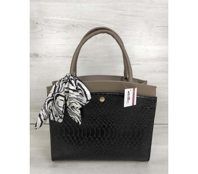 Класична жіноча сумка Бьянка кавового кольору зі вставкою чорна кобра WeLassie
