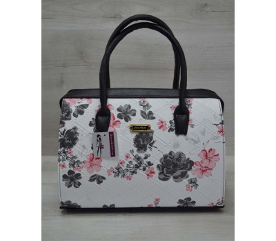 Каркасна жіноча сумка Саквояж чорні квіти з чорними ручками WeLassie