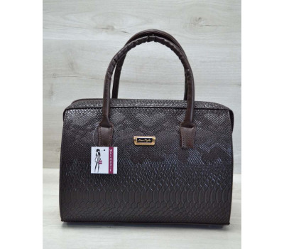 Каркасна жіноча сумка Саквояж коричнева рептилія з бежевим гладким WeLassie