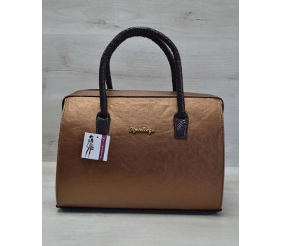 Каркасна жіноча сумка Саквояж бронзовий гладкий з коричневими ручками WeLassie