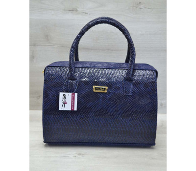 Каркасна жіноча сумка Саквояж синя рептилія з бежевими гладким WeLassie