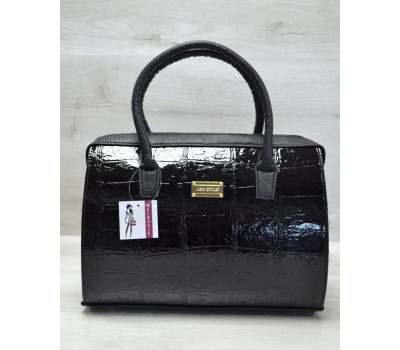 Каркасна жіноча сумка Саквояж чорний лаковий крокодил WeLassie