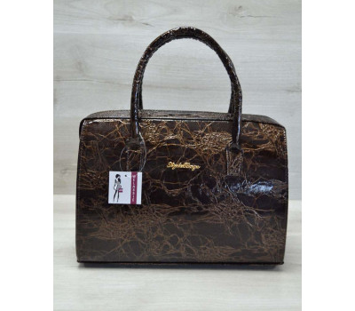 Каркасна жіноча сумка Саквояж коричневий мармур лак WeLassie