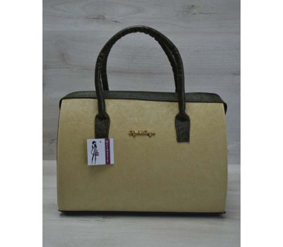 Каркасна жіноча сумка Саквояж оливковий гладкий із зеленими ручками WeLassie