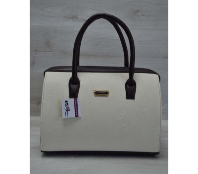 Каркасна жіноча сумка Саквояж бежевий гладкий з коричневими ручками WeLassie