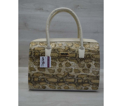 Каркасна жіноча сумка Саквояж золота змія з бежевими ручками WeLassie