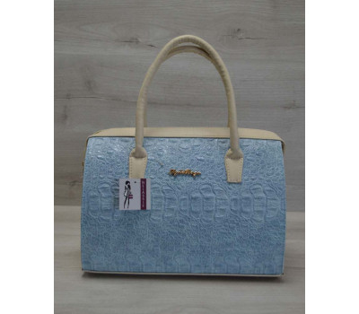 Каркасна жіноча сумка Саквояж блакитний крокодил з бежевими ручками WeLassie