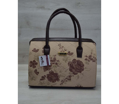 Каркасна жіноча сумка Саквояж бежеві квіти з коричневими ручками WeLassie