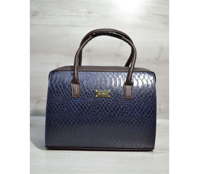 Каркасна жіноча сумка Саквояж синя кобра з коричневим гладким WeLassie