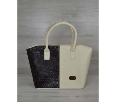 Класична жіноча сумка «Дві змійки “ молочна з вставкою чорна рептилія WeLassie