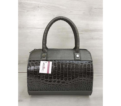 Жіноча сумка Маленький Саквояж кольору металік зі вставкою коричневий лаковий крокодил WeLassie